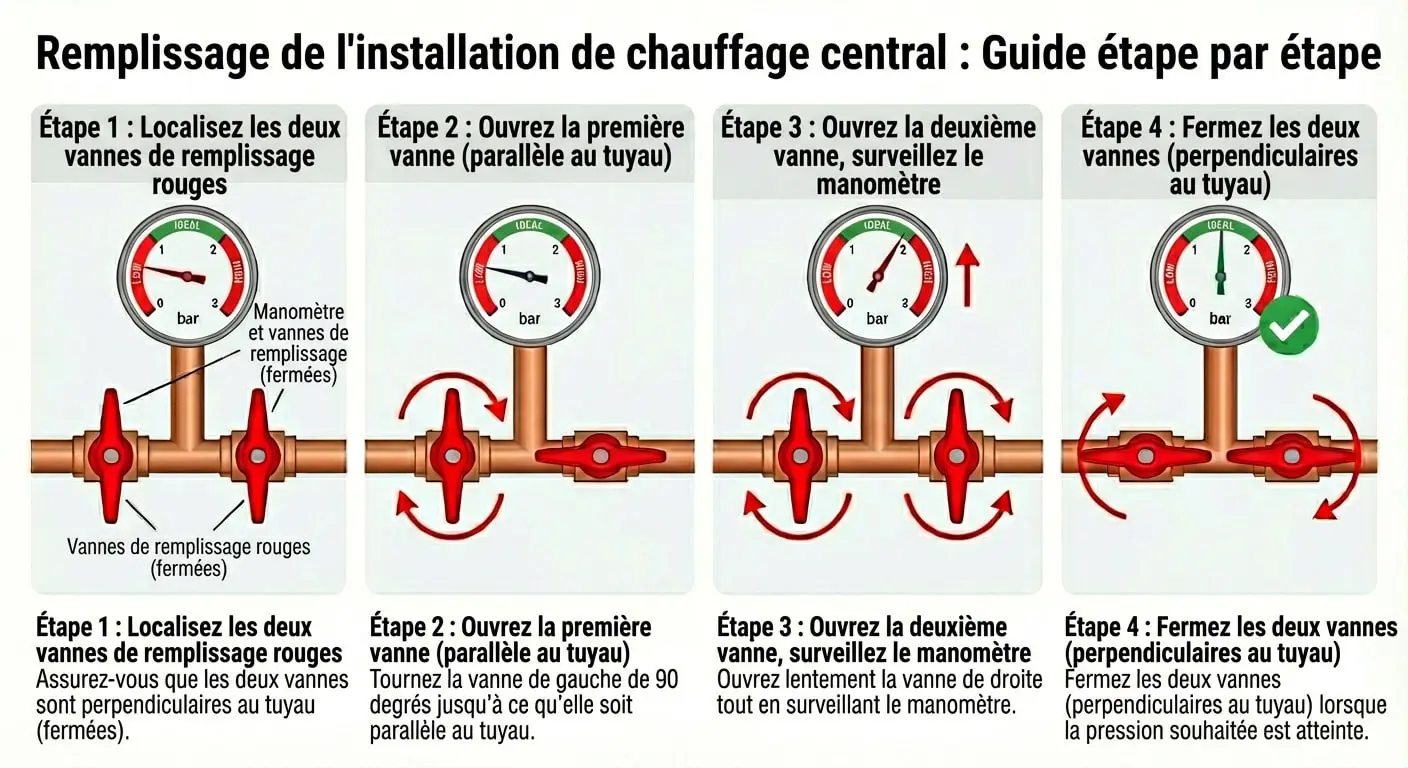 infographie reprenant les différentes phases comment ajouter de la pression à la chaudière